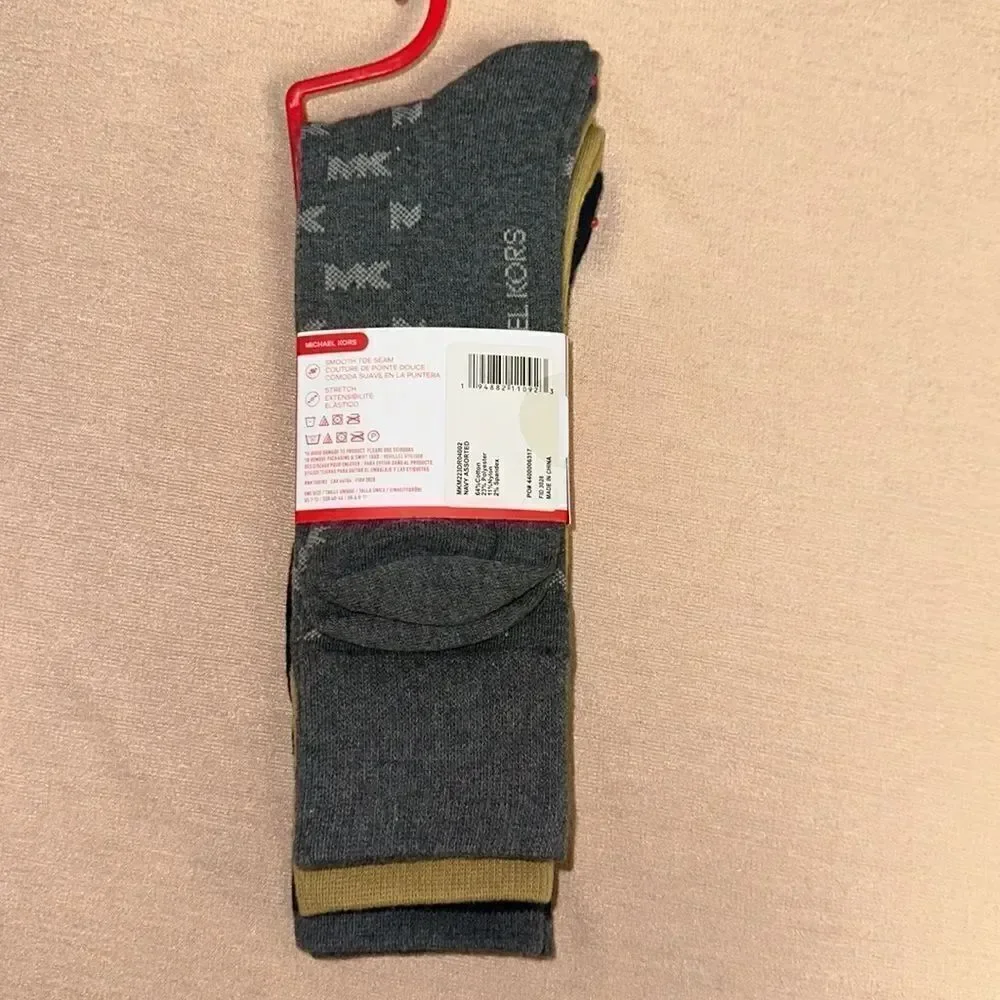 Michael Kors Men’s Pack of 3 Pairs Dress Crew Socks Navy Silver Gray Mustard
